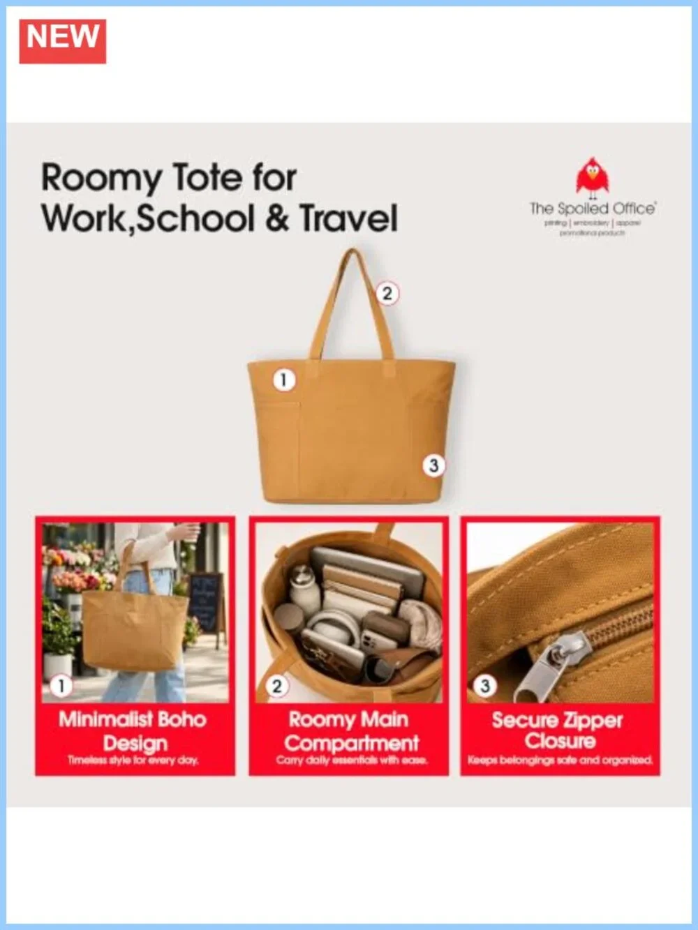 Large Canvas Tote Bag with Compartments, Zipper Closure, Dual Straps, Work or